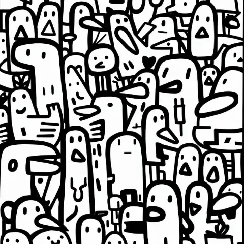 Wetland Birds Black and White Doodle Line Art Pattern
