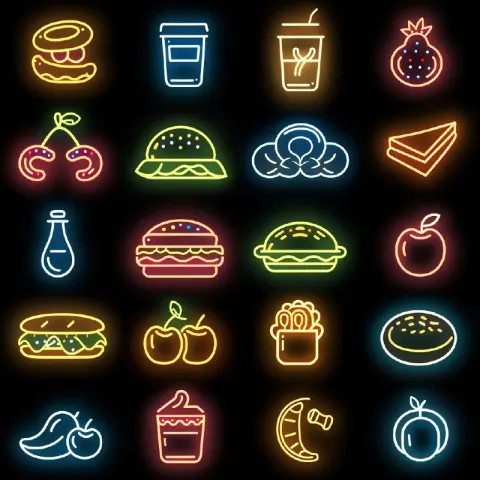 Frosted Glass Food Icon Set With Neon on Dark Background