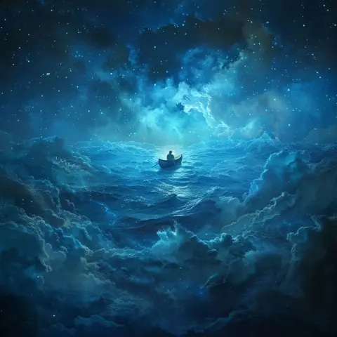 Small Boat on Starlit Sea Aerial View With Glowing Light