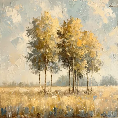Vintage Impasto Oil Painting of Trees in Summer Fields
