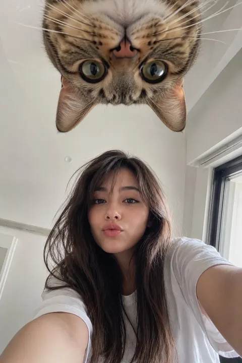 Upside-Down Cat Selfie with Girl
