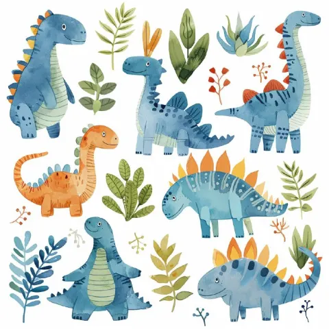 Cute Baby Dinosaurs Duotone Watercolor Nursery Print