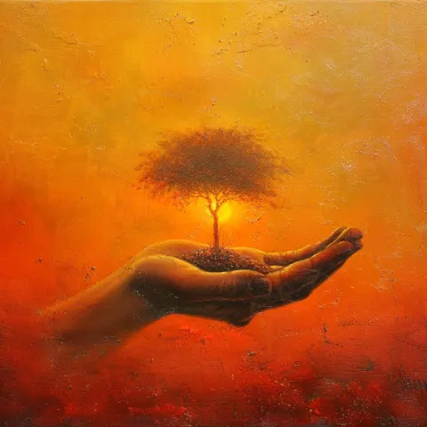 Little Tree in Hands at Foggy Sunrise Dreamlike Oil Art