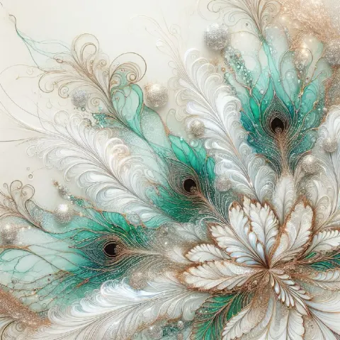 Fractal White Peacock Feathers Watercolor and Alcohol Ink
