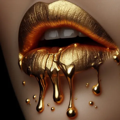 Golden Drops on Lips Against Dark Background Art