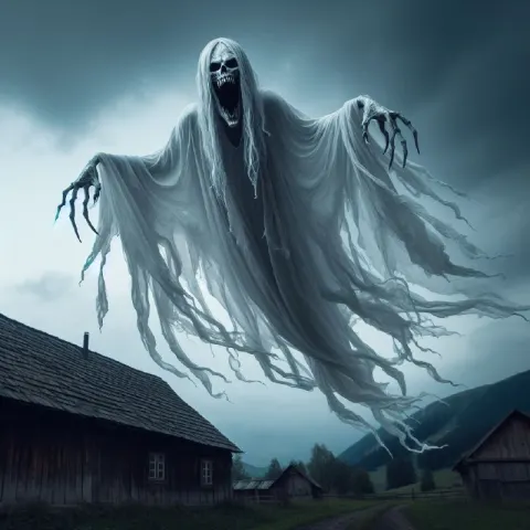 Flying Wraith in Ethereal Rags Over Old Pagan Village