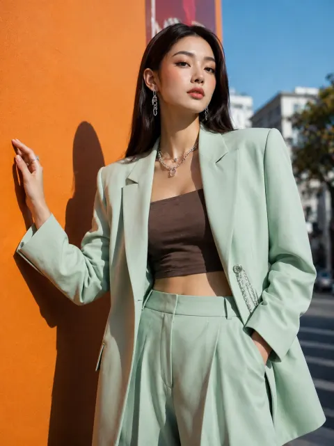 Mint Blazer Orange Wall Fashion Editorial