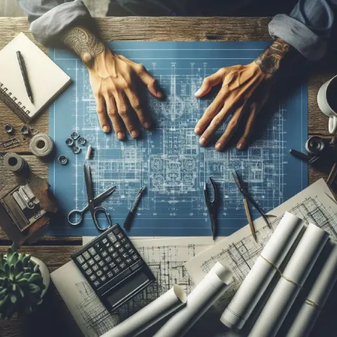 High Angle Photo of Blueprint Sheet With Man's Hands