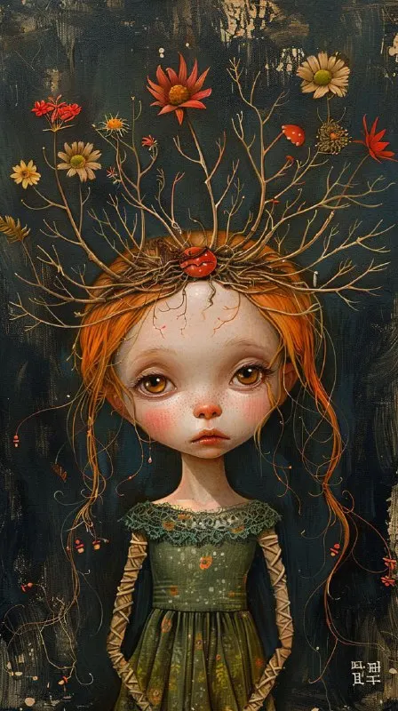 Twiggy Girl With Tree Branch Hands Storybook Painting