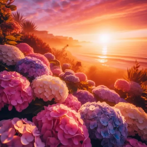 Pink and Lavender Hydrangeas at Golden Ocean Sunset