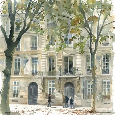 Parisian Street Scene Watercolor in Soft Muted Tones