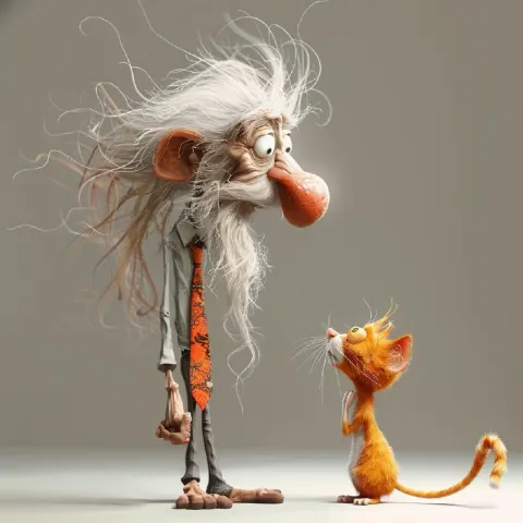 3D Cartoon Elderly Man With Long-Necked Orange Cat