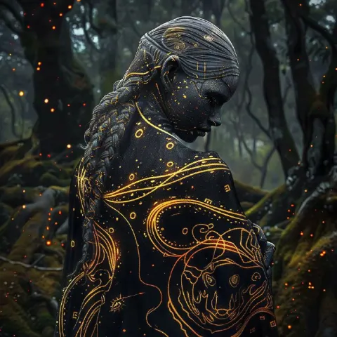 Cloaked Figure With Golden Patterns in Ancient Forest