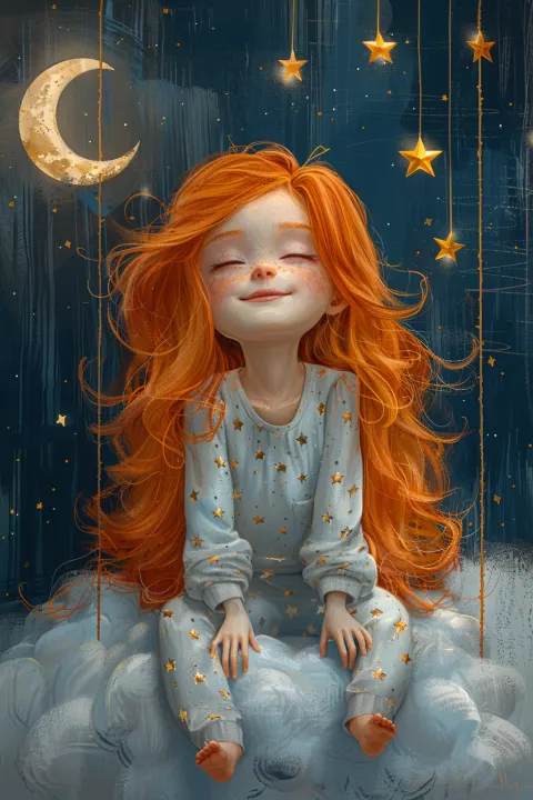Chibi Red-Haired Girl on Fluffy Cloud With Star Basket