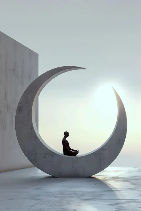 Zen 3D Render of Man Meditating on Crescent Moon