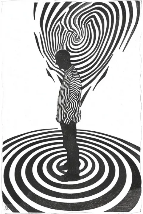 Optical Illusion Line Drawing of Man in Spiral Pattern