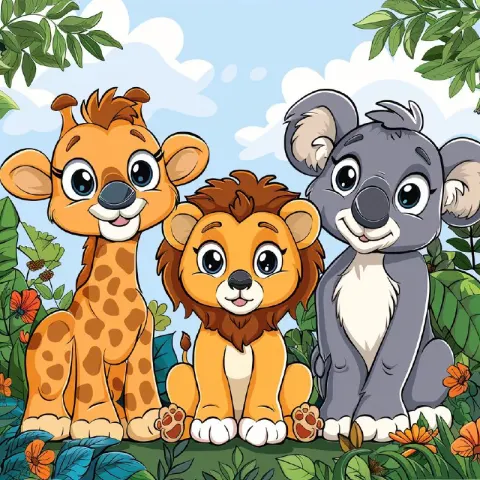 Cute Animal Coloring Page With Koala Giraffe Lion Bear
