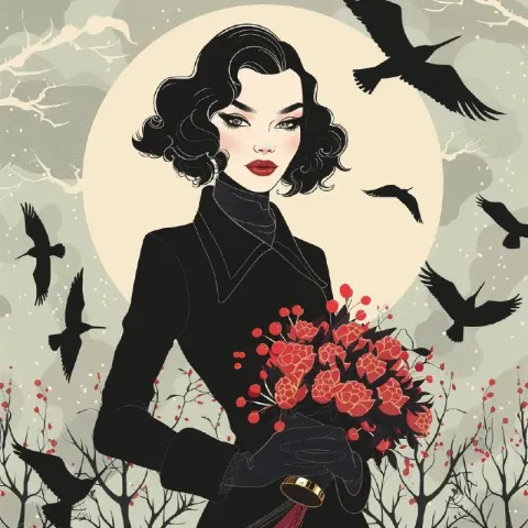 Fashion Illustration of Woman in Black Coat With Mimosas