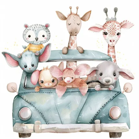Friendly Animals in Car Pastel Nursery Art Illustration