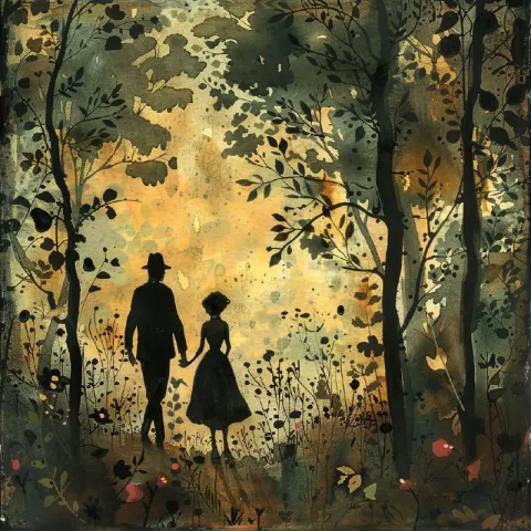 Older Couple Walking Forest Path Storybook Illustration