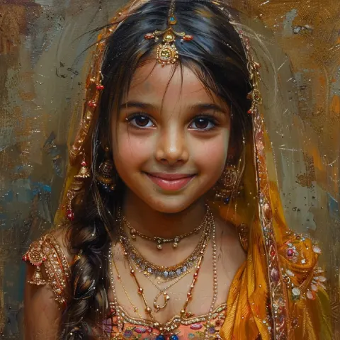 Young Indian Princess Smiling Oil Portrait in Attire