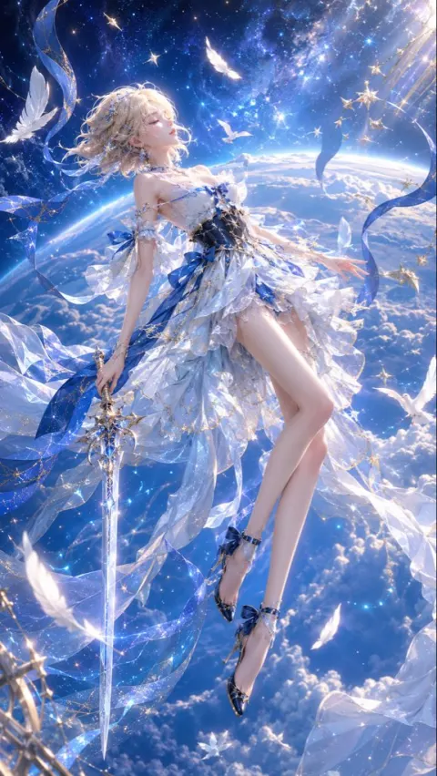 Celestial Goddess Floating in Cosmic Sky