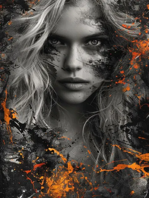 Blonde Woman With Black and Orange Paint Splashes