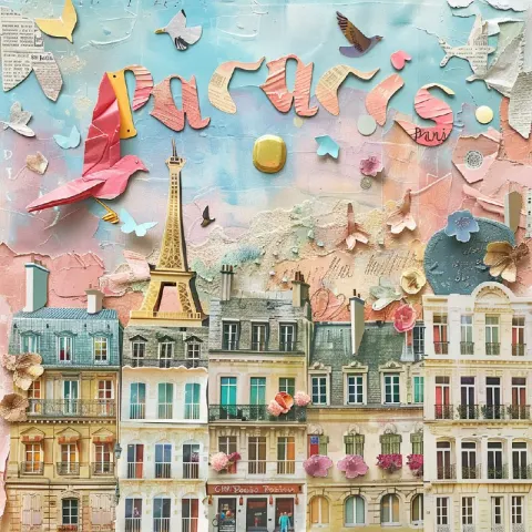 Paris Paper City Collage in Wes Anderson Pastel Style