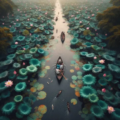 Overhead View of Boats in Lotus River With Drizzling Rain