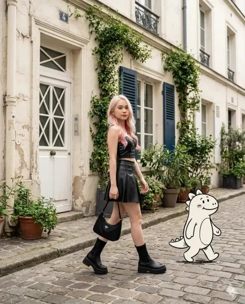 Pink-Haired Fashion Stroll with Dino