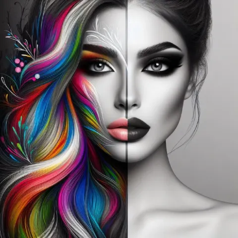 Woman With Half Monochrome Half Colored Makeup Art