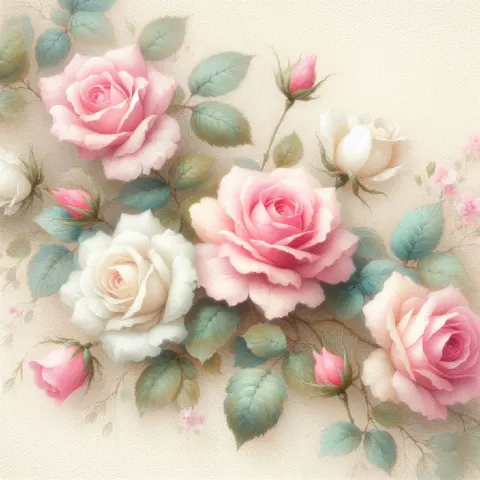 Dreamy Pink and White Roses on Cream Textured Paper