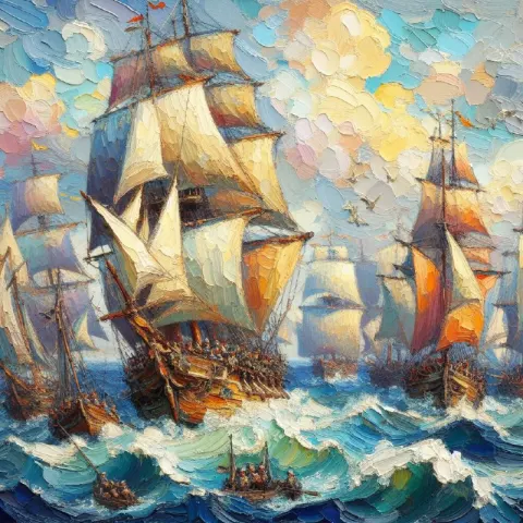 Impasto Sailing Ships Oil Painting Barbizon Sea Style