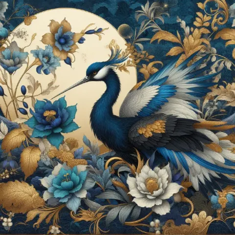 Blue and Golden Crane With Flowers Rococo Abstract Art