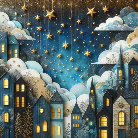 Whimsical Night Cityscape Paper Collage in Blue and Gold