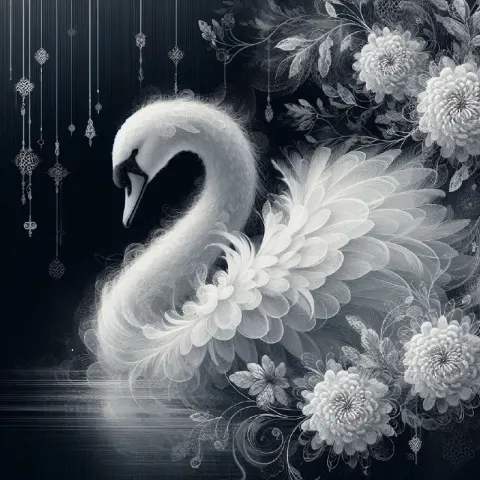 White Swan With Chrysanthemum Patterns on Dark Silver