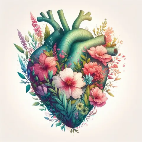 Botanical Human Heart of Flowers Watercolor Pastel Art