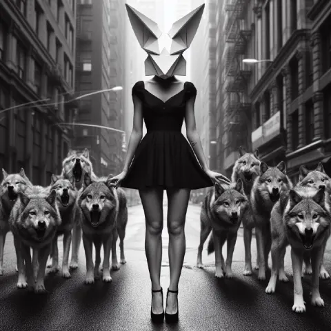 Woman in Origami Rabbit Mask With Wolves Noir Portrait