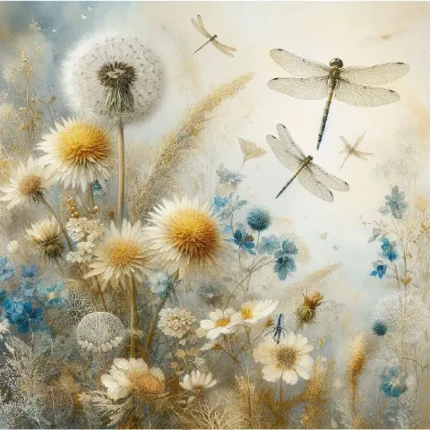 Dandelions and Dragonflies Floral Wonderland Watercolor