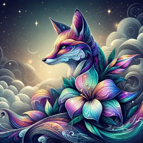 Mystical Lisianthus Fox in Iridescent Vector Patterns