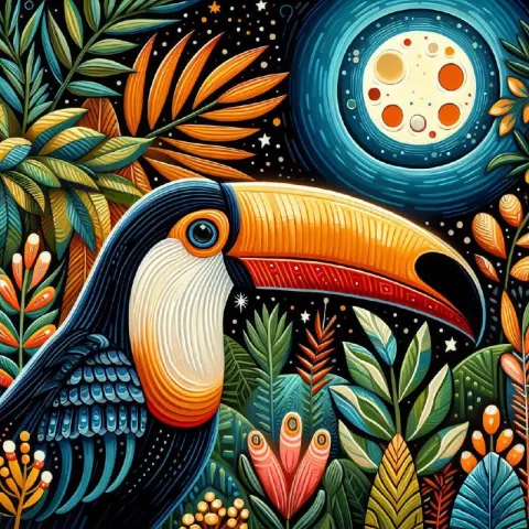 Naive Art Toucan in Jungle With Colorful Moon