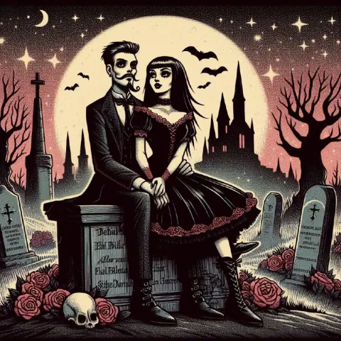 Gothic Couple on Graveyard Grave Retro Valentine Cartoon