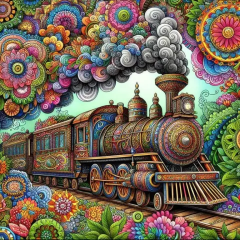 Whimsical Zentangle Steam Train Scene