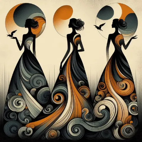 Three Ladies in Swirled Dresses Art Nouveau Surrealism