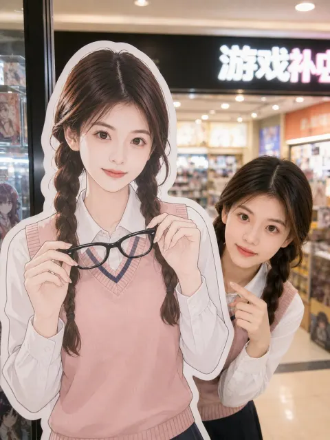 Real Girl Peeking Behind Anime Standee