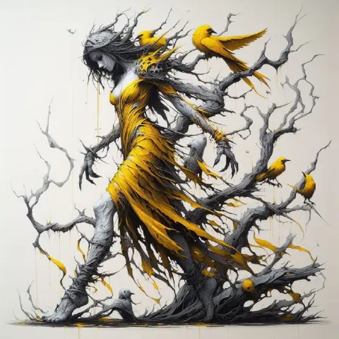 Yellow Woman Walking on Branches Dark Fantasy Art