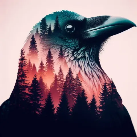 Crow and Evergreen Trees Double Exposure Gradient Art