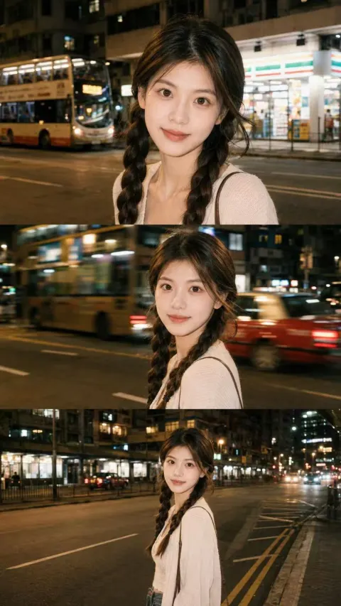 Cinematic Night Street Portrait Triptych