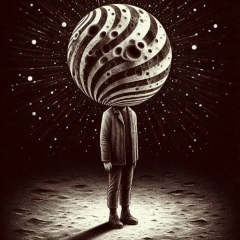 Moon-Headed Figure in Dark Whimsical Optical Illusion
