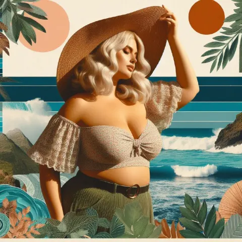 Retro Boho Collage of Plus-Size Blond Woman by the Sea